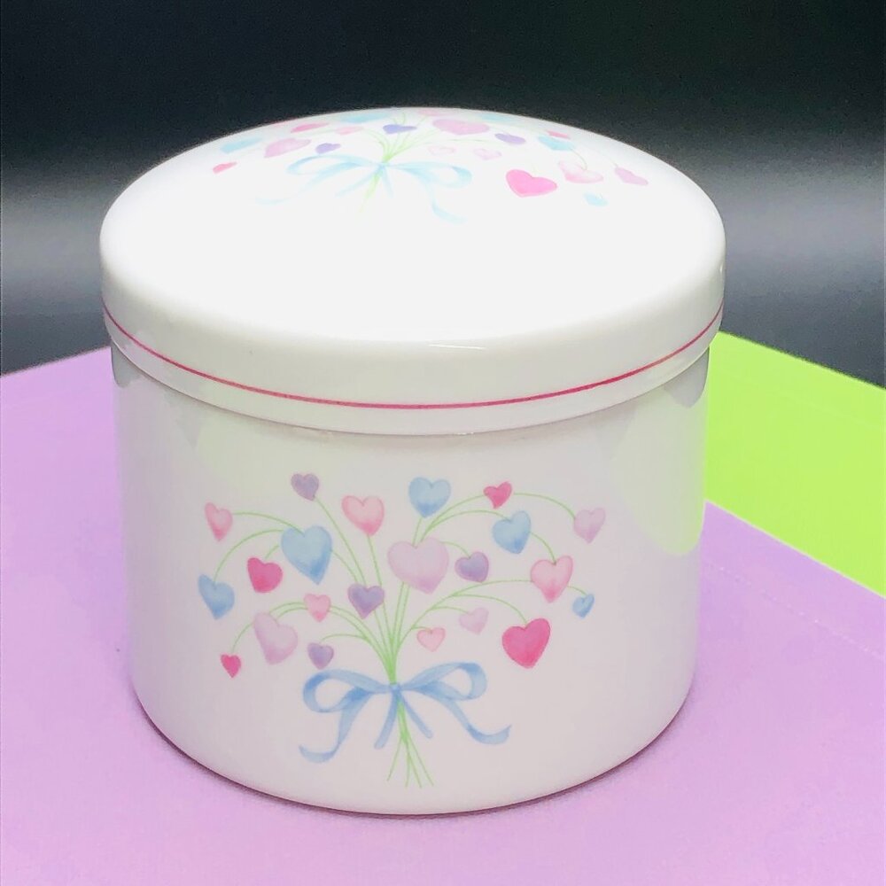 80s FTDA Pastel Heart Blue Ribbon Bouquet Porcelain Canister Vintage Candy Jar